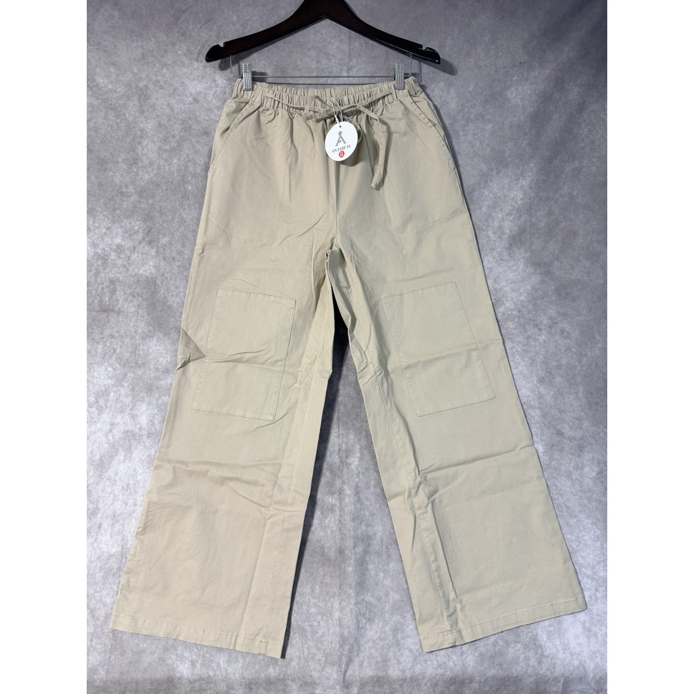 Anrabess Tan Khaki Pants Size M Stretch Tie Waist 4 Pocket Patched Knees NWT